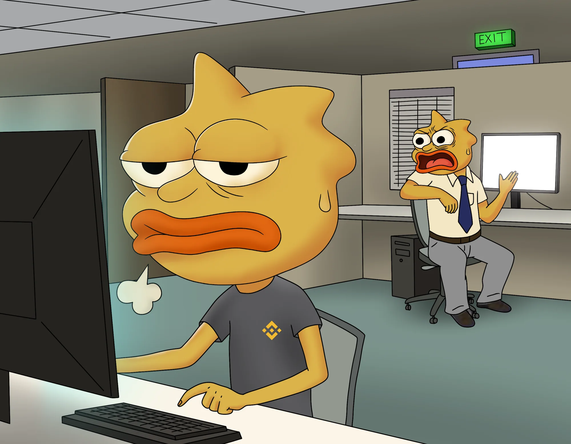 Illustration of the office: SIGH sits at his desk and sighs while his coworker A.I. yells at him from the cubicle behind.